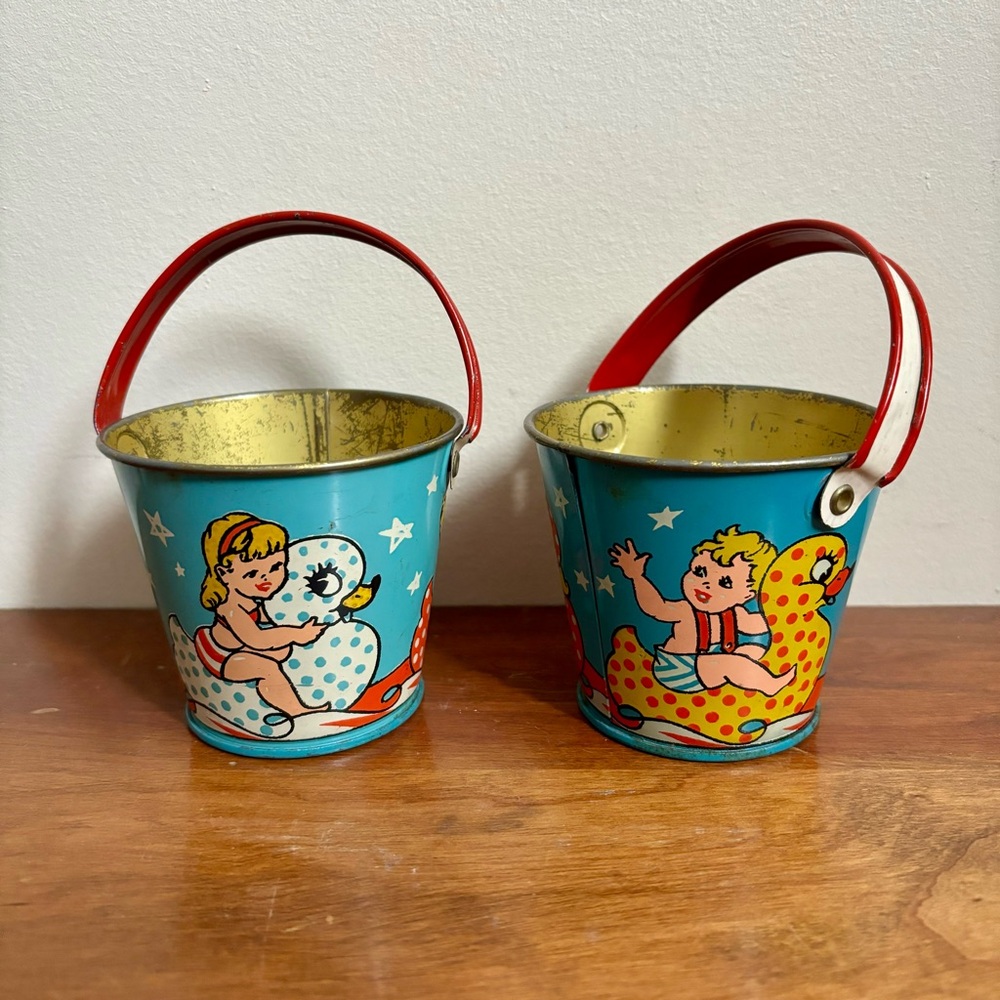 Vintage tin lithograph sand pails